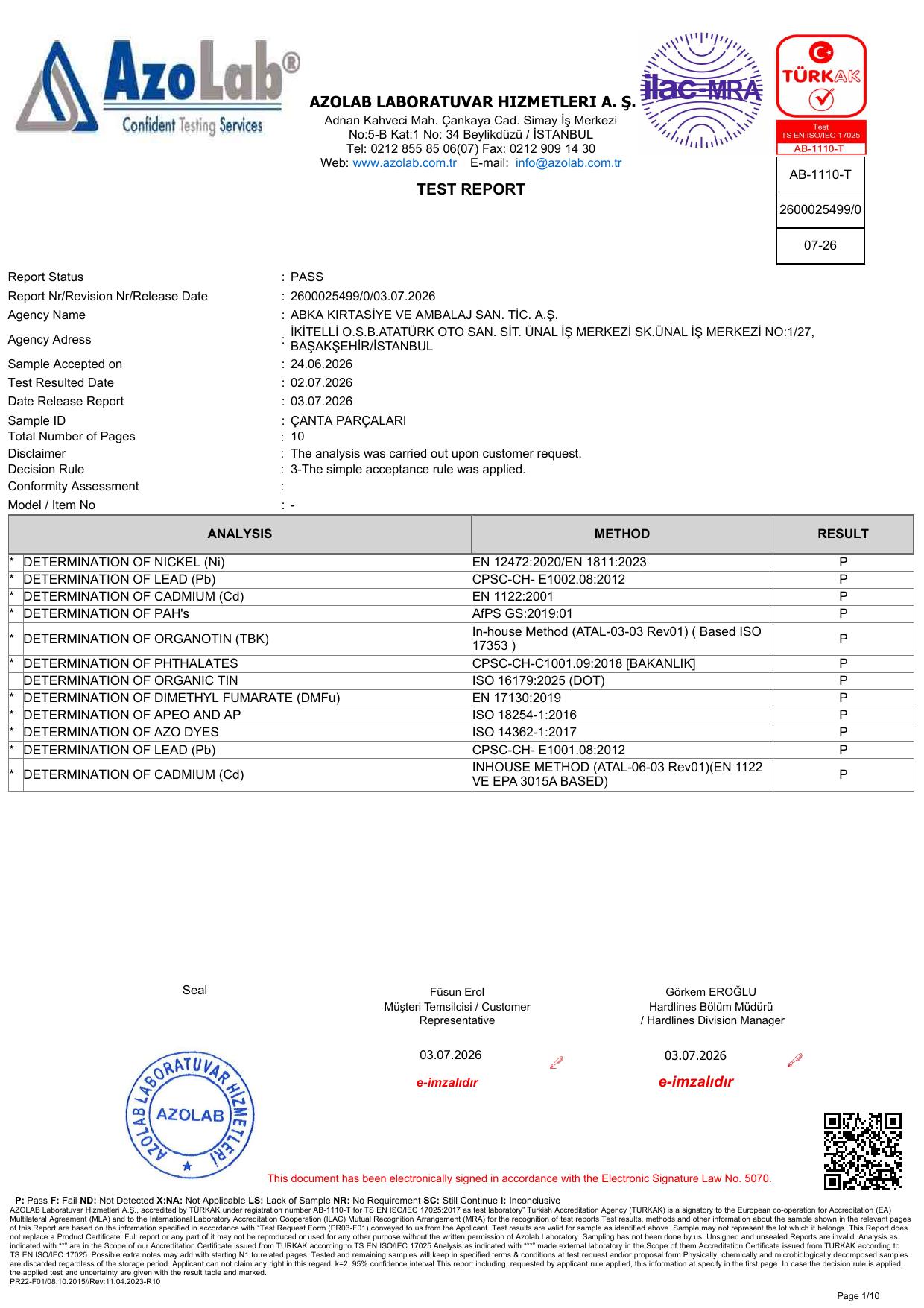 Çanta Parçaları Akredite Laboratuvar Test Raporu
