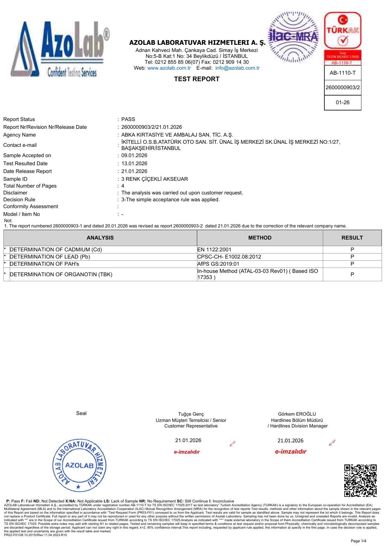 3 Renk Çiçekli Aksesuar Akredite Laboratuvar Test Raporu
