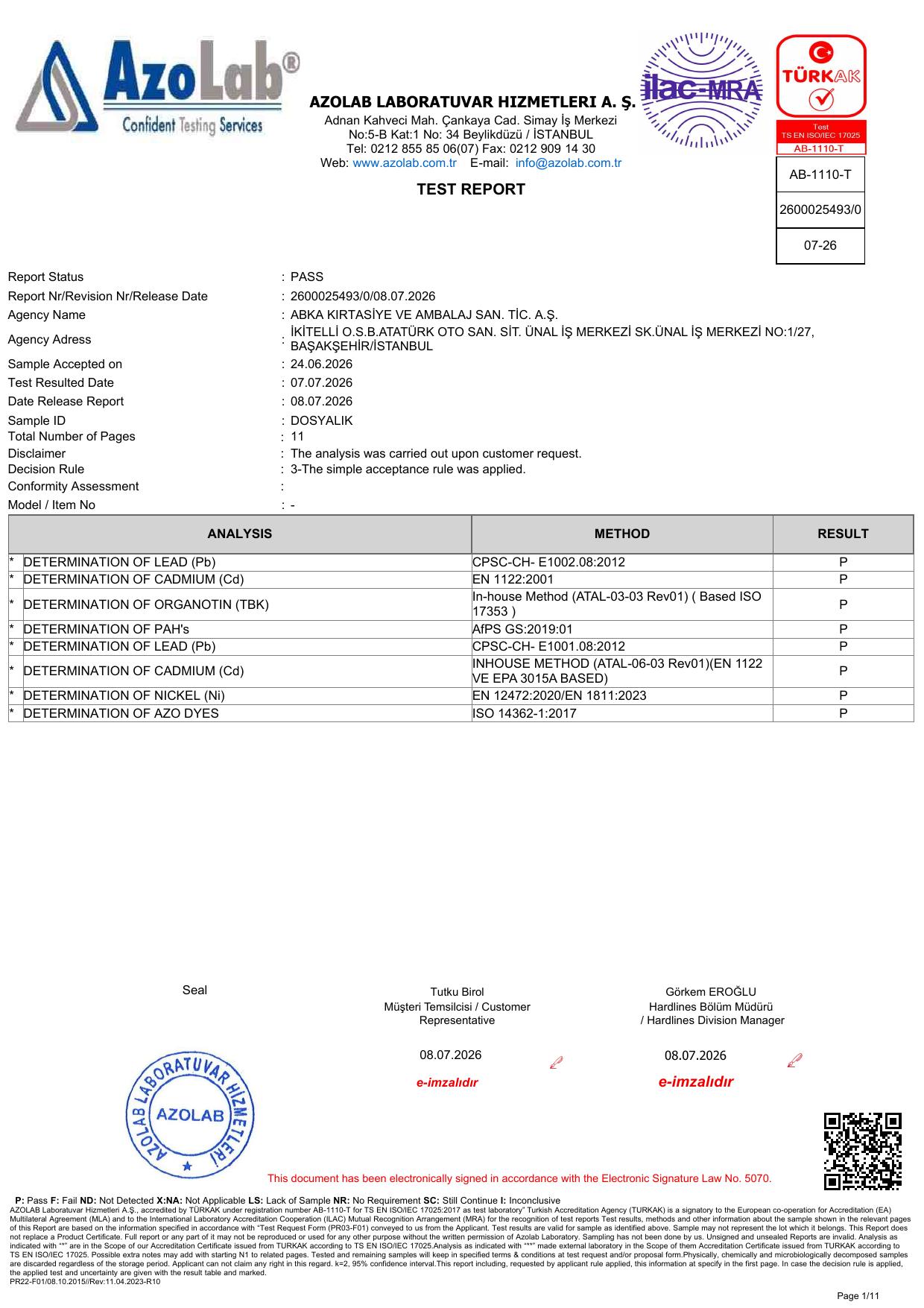 Delic Deri Dosyalık Akredite Laboratuvar Test Raporu