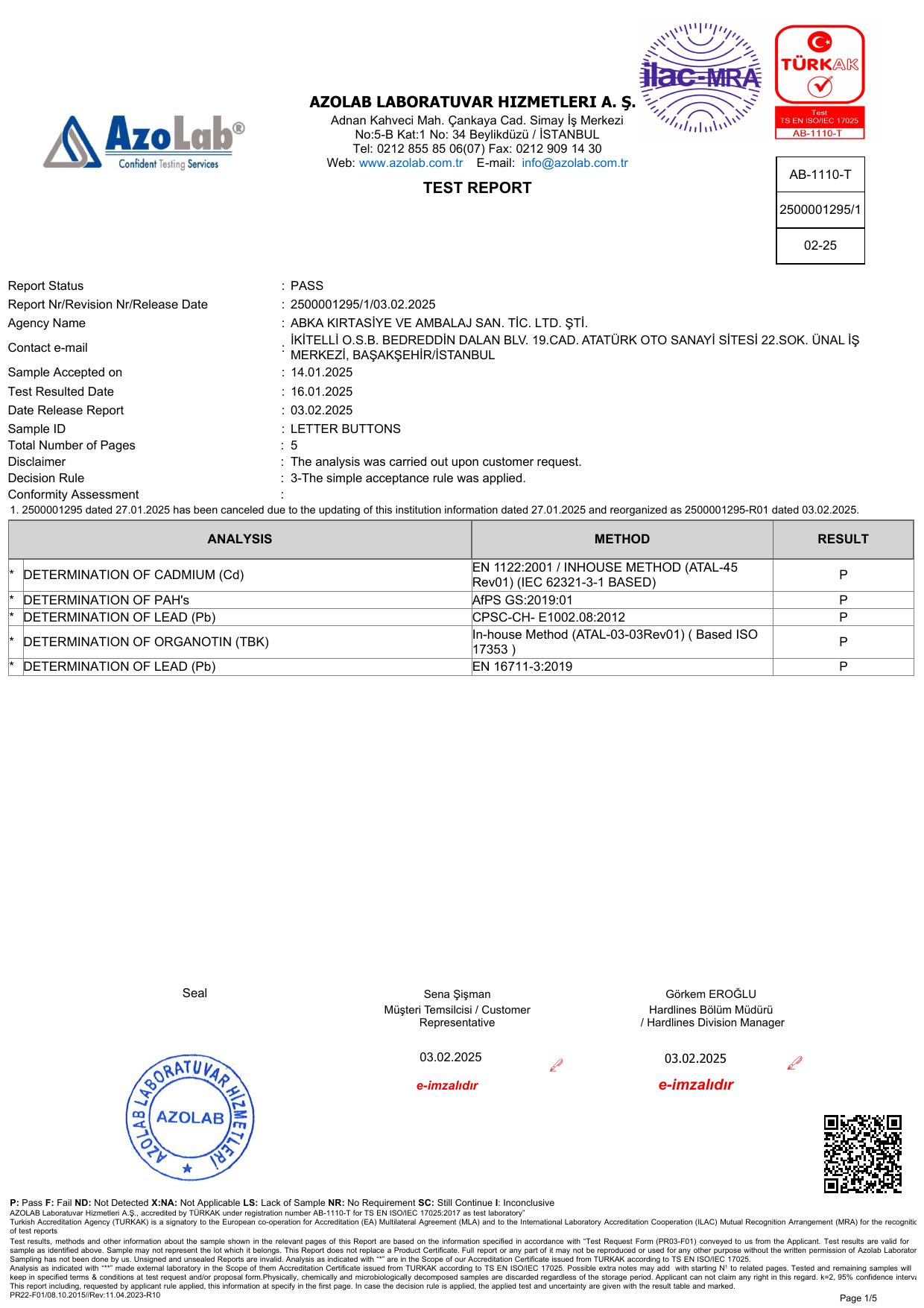 Harfli Düğmeler ve Plastik Aksesuarlar Akredite Laboratuvar Test Raporu