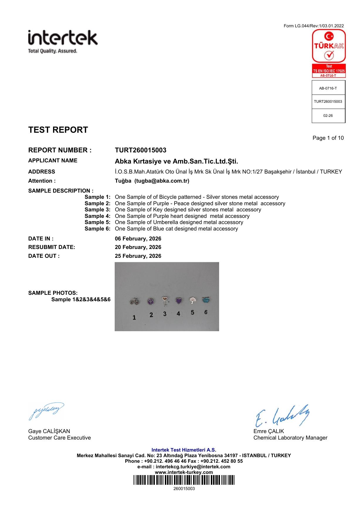 Metal ve Plastik Figürlü Aksesuarlar Akredite Laboratuvar Test Raporu